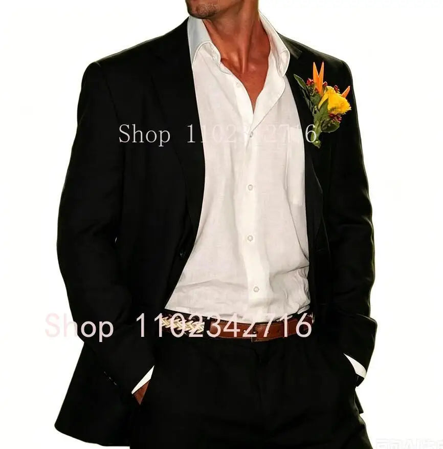 Beige Linen Men Suits 2 Pieces Beach Wedding American Style Jacket with Pants Formal Groom Tuxedos Male Suits (Blazer+Pants)