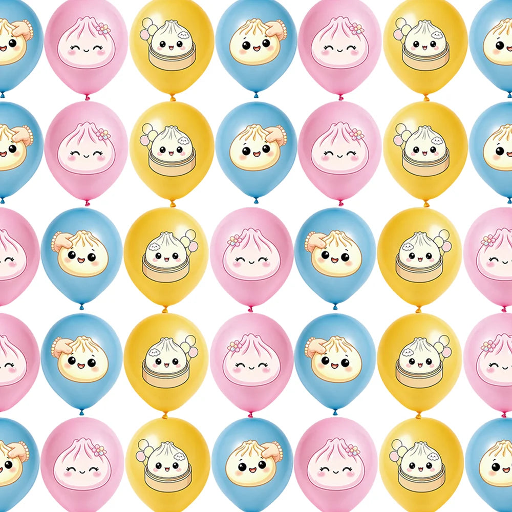 12/24/36pcs Kawaii Cartoon Steamed Bun Latex Balloons Set Cute Food Theme Dumpling Printed for Kids Birthday Baby Shower