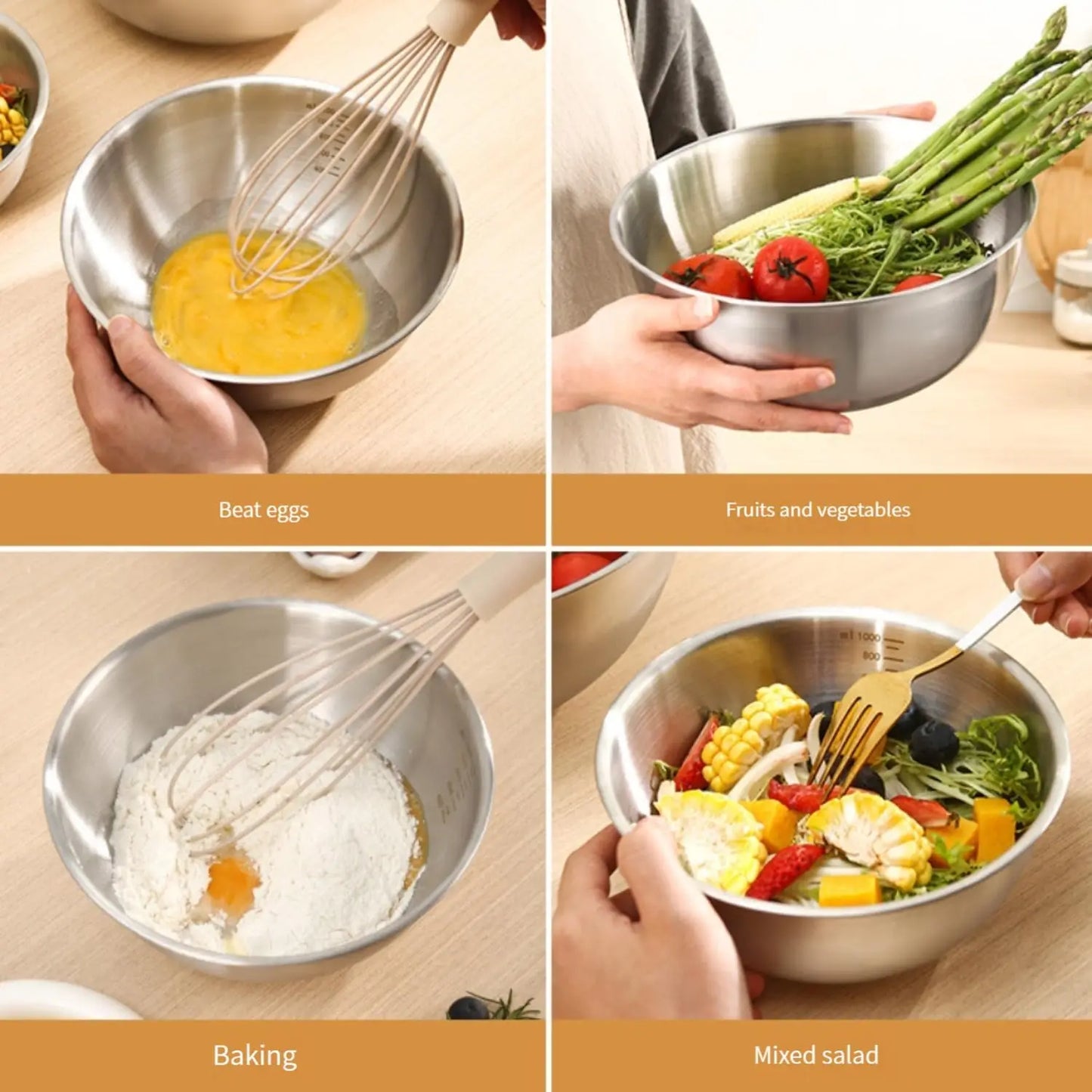 3Pcs Stainless Steel Mixing Bowl Baking Egg Beating Basin Fruit Vegetable Washing Bowl Salad Food Stirring Cooking Container