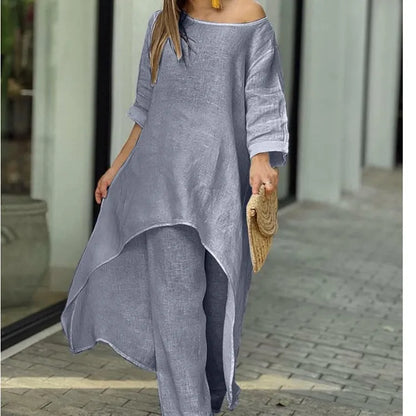 2025 Loose New In Matching Sets Two Piece Outfit 2 Pieces Set For Woman Solid Color Irregular Hem Long Sleeves Wide Legs Trouser