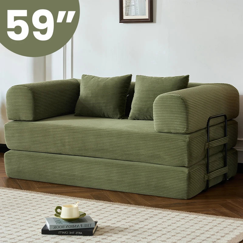 59" Boneless Folding Convertible Sofa Bed, Small 2-Seater Corduroy Futon Floor Couch with Pull Out Sleeper, No Assembly Boneless Loveseat for Living Room