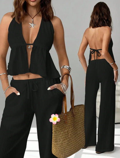 Fashion White Woman 2 Piece Set Outfit Spring And Summer Women's Halter Neck Strap Sexy Backless Sleeveless Vest Slim Suit