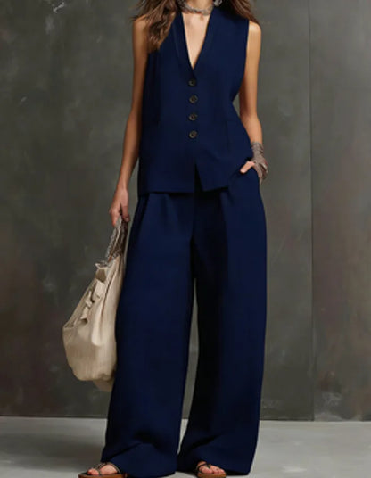 Outfits For Women 2 Piece Set Single-breasted Vest Pocket Solid Color Top Women Pocket Wide-leg Trousers Women's New Summer Suit
