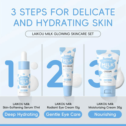 Deep Hydration Milk Skincare Set Softening Serum Gentle Eye Cream Radiant Moisturizing Glowing Trio