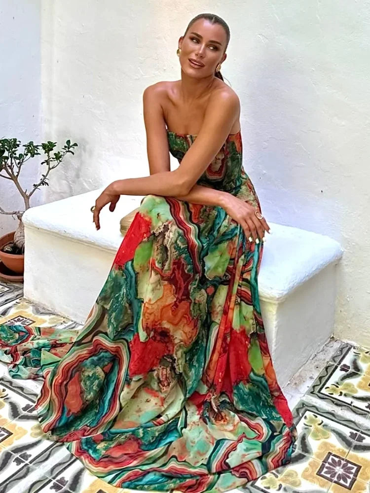 New Pleated Waist Strapless Dress Women's Printed Colorful Long Gown Elegant Fashionable Summer Dress