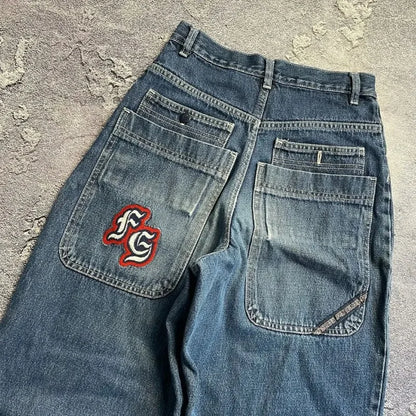 Y2K Harajuku Letter Embroidery Loose Jeans | Hip-Hop Black Denim | Men's Streetwear Trousers