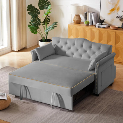 hansones 65'' 3-in-1 Folding Convertible Sofa Bed, Pullout Sofa, Modern Chenille Fabric, 360° Swivel Side Table, Easy Assembly,