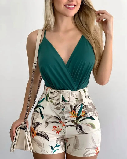 2025 Women'Camisole Vest+Shorts 2-Piece Sets 2025 Summer Sexy Slim Female V-neck Plant Print Short Pants Suits With Belt S-XXL