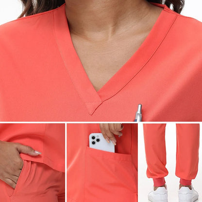 Women's Nurse Scrub Set | V-Neck Top & Jogger Pants, Stretch Jersey | Medical Workwear
