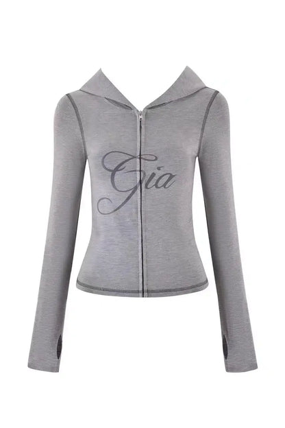 gia slim fit letter printed open thread design hooded zipper short jacket pants set