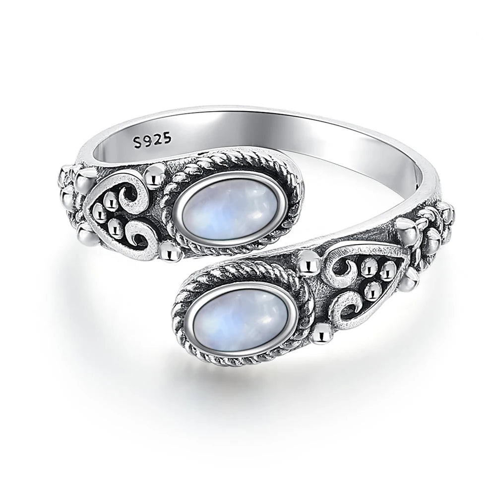 925 Vintage Silver Ring with Natural Moonstone 6*8mm Adjustable Rings Flower Bohemia Style Fine Jewelry for Women