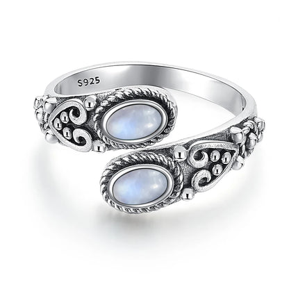 925 Vintage Silver Ring with Natural Moonstone 6*8mm Adjustable Rings