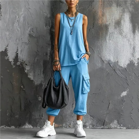 Solid Color Sports Two-piece Set Summer Fashion Sleeveless Top+wide Leg Pants Suit With Pockets Ladies O-neck Streetwear Outfit