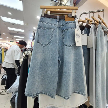 Summer Fashion Vintage Women Baggy Jeans Loose Leisure High Waist Solid Denim Pants Streetwear  Wide Leg Seven Quarter Jeans