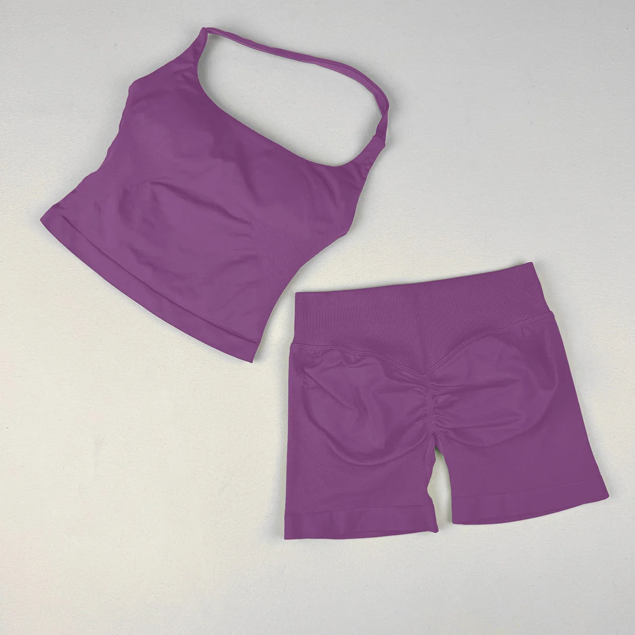 VEQKING Seamless 2pcs Women Yoga Sets Open Back Longline Sports Halter Bras Running Tank Tops Scrunch Butt Gym Workourt Shorts