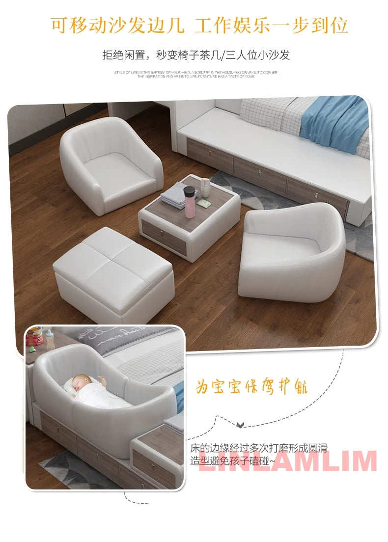 Modern Multifunctional Genuine Leather Platform Bed Frame, King Size Upholstered Family Bed with Integrated Baby Crib, Drawers