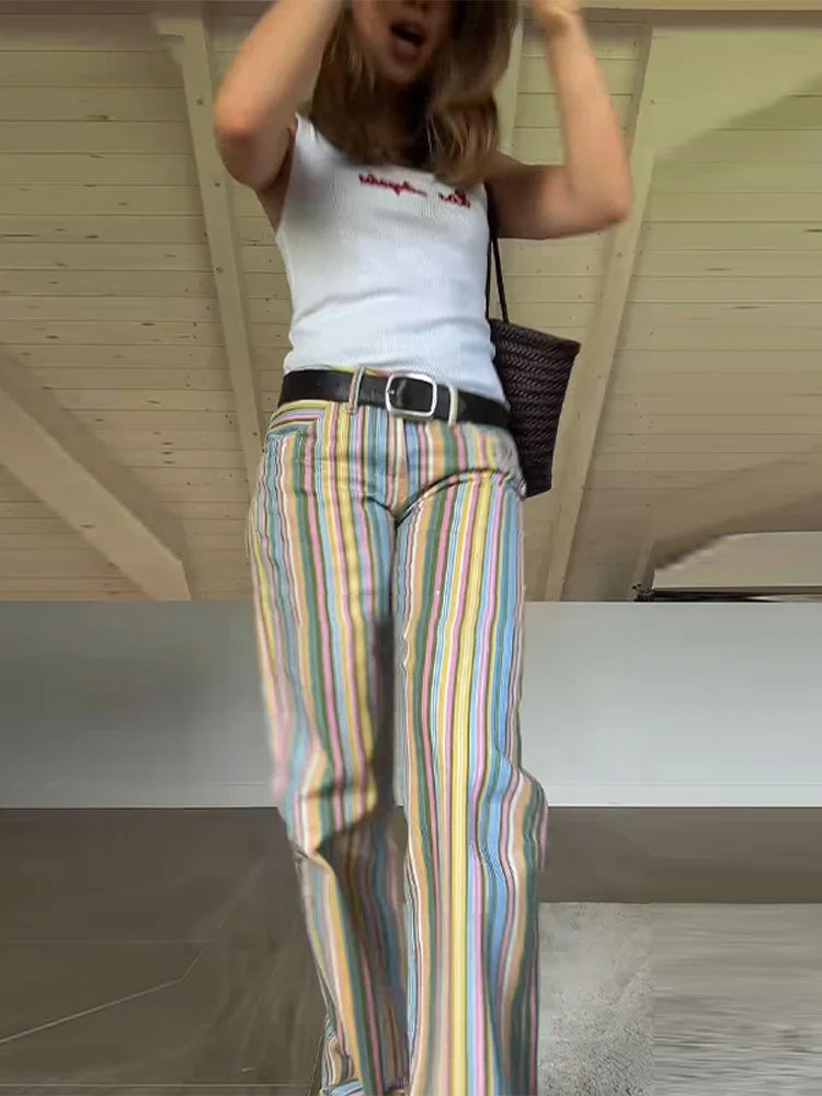 Rainbow Colorful Striped Pants Low-rise Braided Twist Denim Straight Lady Wide Leg Trousers 2026 Spring Summer Chic Casual Jeans