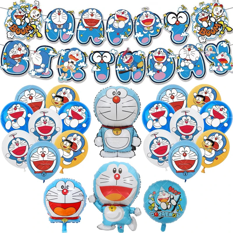 Doraemoned Balloons Cartoon Blue Jingle Cat Party Decoration Supplies Happy Birthday Banner Disposable Tableware Kid Cake Topper