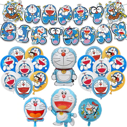 Doraemoned Balloons Cartoon Blue Jingle Cat Party Decoration Supplies Happy Birthday Banner Disposable Tableware Kid Cake Topper