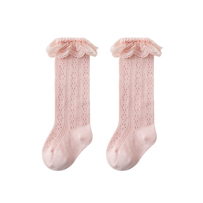 Summer Baby Girls Socks Toddler Bow Long Sock Kids Knee High Soft Cotton Mesh Stocking Spanish Style Hollow Out Lace Socks 0-3Y