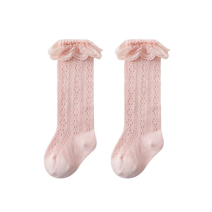 Summer Baby Girls Socks Toddler Bow Long Sock Kids Knee High Soft Cotton Mesh Stocking Spanish Style Hollow Out Lace Socks 0-3Y