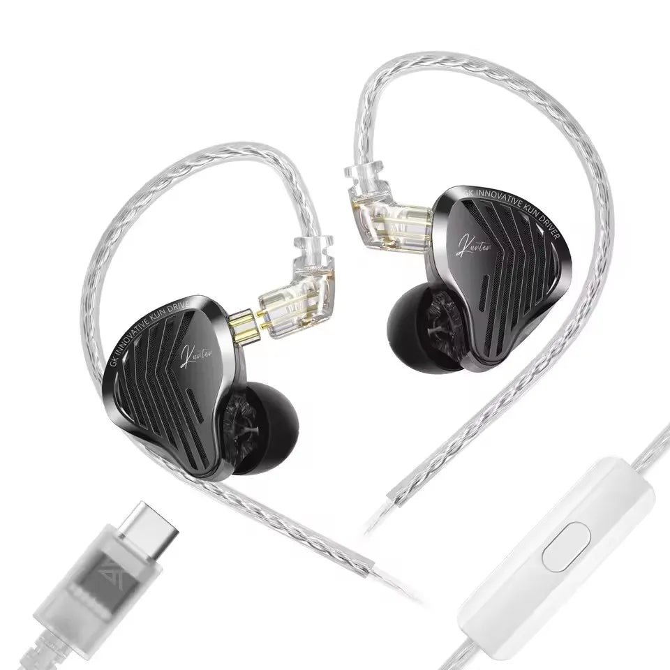 GK KUNTEN Dynamic Drive Headphones HIFI Heavy Bass Earbuds Sports Metal Headphones Detachable Headphones Gaming Headset Type-C