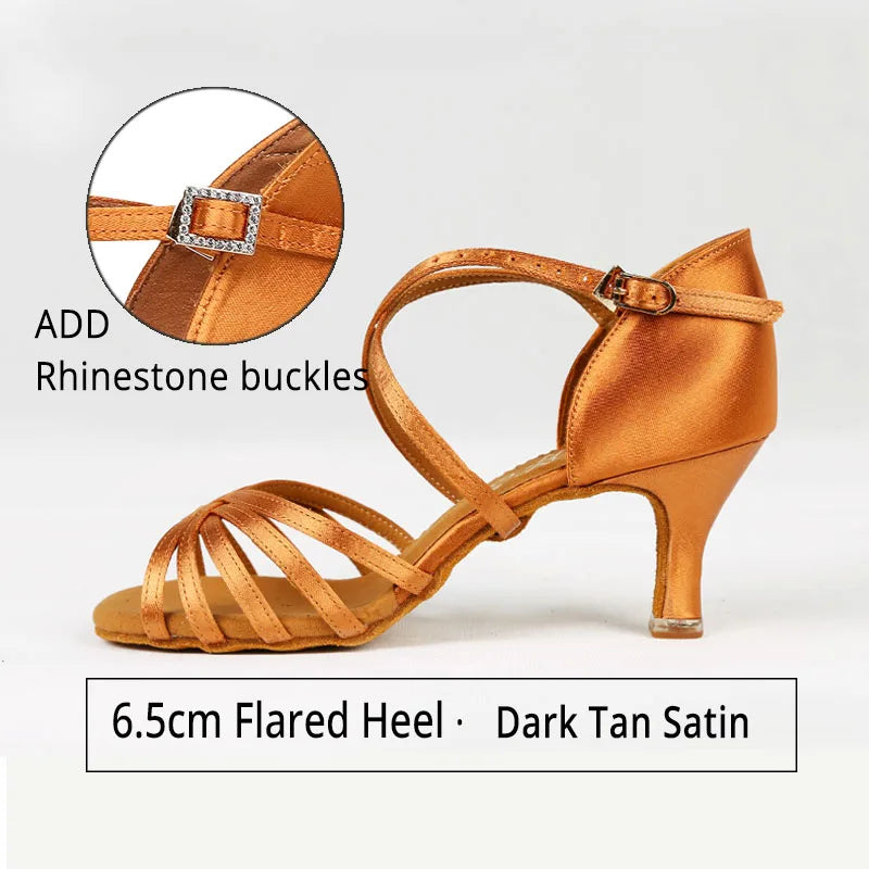 Hot Sale BD Dance Women Latin Shoes BD216 Soft Satin Sandal Leather Sole Ladies Ballroom Dance Shoes High Heel Rhinestones