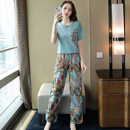 Women Suit 2025 Summer New Korean Style Short Sleeve Tops Fashion Wide Leg Pants 2 Two Piece Set Casual Plus Size Female Outfits