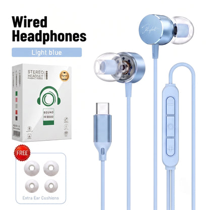 Wired Earphones 9D Surround Sound Type C Headphones Volume Control Headset With HD Mic Earbuds For iPhone 17 Pro Samsung Galaxy