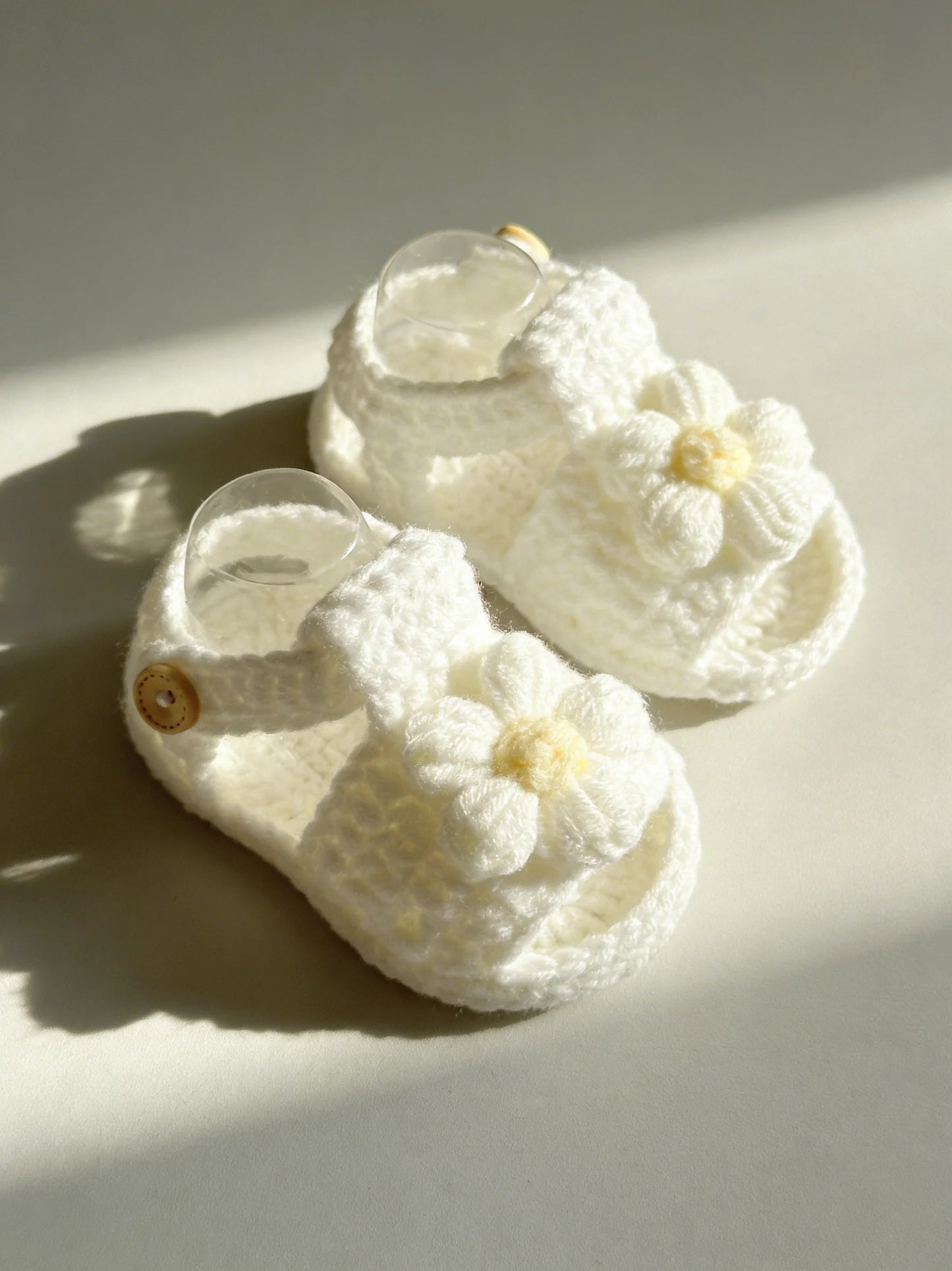 1 Pair Crochet Baby Girl Sandal Booties, Pink, Daisy Flower Accent with Button Strap, Infant Shoes