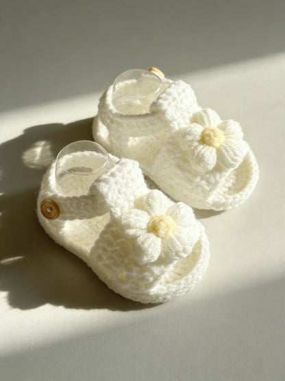 1 Pair Crochet Baby Girl Sandal Booties, Pink, Daisy Flower Accent with Button Strap, Infant Shoes