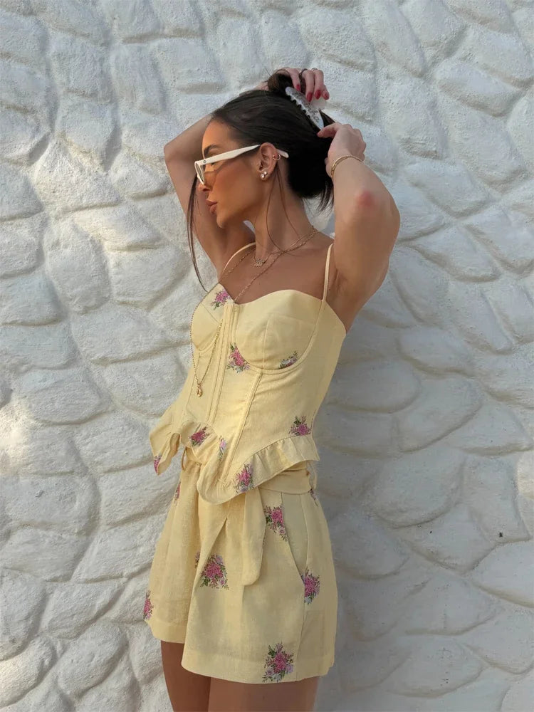 Bandeau Print Spaghetti Strap Shorts Two-piece Set Boned Shaping French Floral Ruffled Waist Corset Set 2026 Summer New Outfit