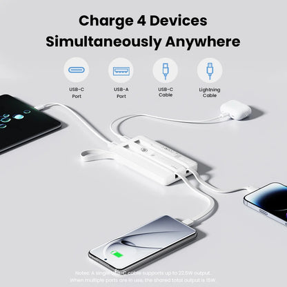 PISEN 22.5W Power Bank 10000mAh With Built-in Type C/L Cables Fast Charging Powerbank LED Display, Portable Charger For iPhone Samsung