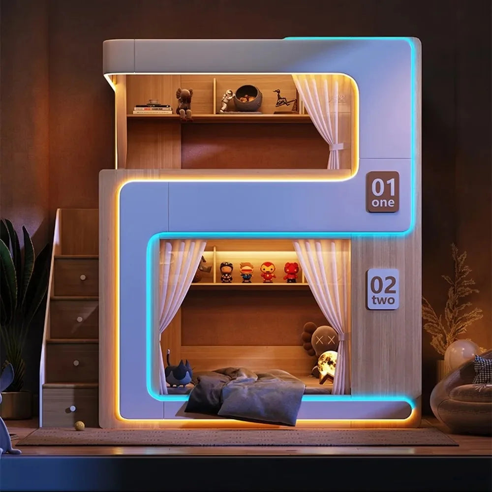 Simple Small Space Bunk Bed for Kids Floating Style High Guardrail Privacy Separated Twin Bed with Double Bookshelves