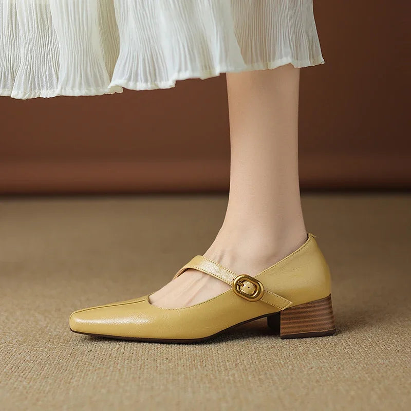 2026 New Spring Women Pumps Square Toe Chunky Heel Genuine Leather Women Shoes Shallow Metal Buckle Strap Mary Janes Ladies