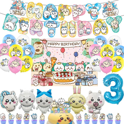 Chiikawa kawaii Happy Birthday Party Decorations Cute plate Banner Cake Topper Flag Balloons Disposable tableware Decorations
