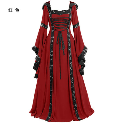 Women Medieval Floor Length Dress Cosplay Costumes Long Bell Sleeve Lace-Up Princess Long Dress Retro Gothic Dress Plus Size 5XL