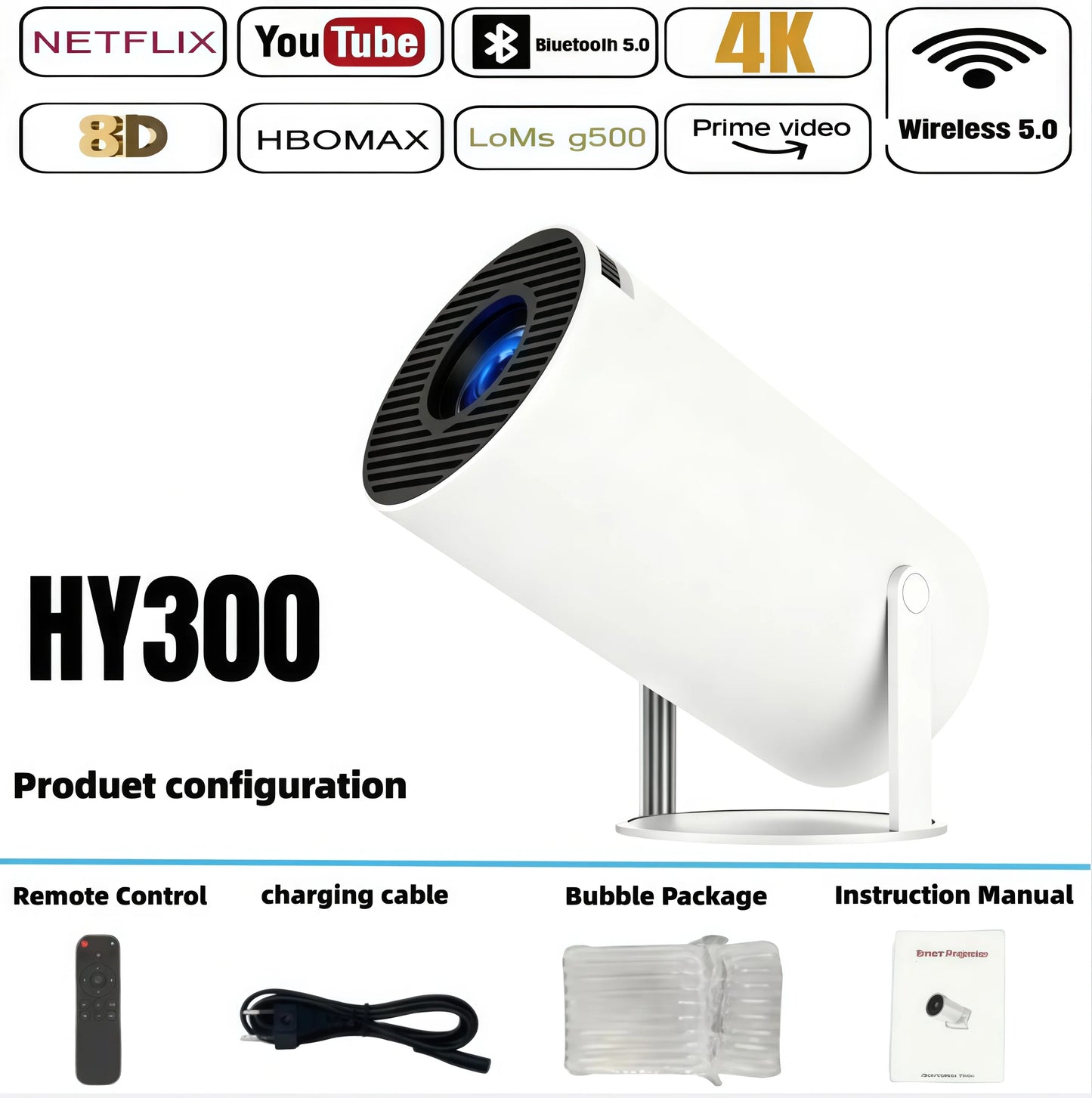 HY300 Smart Mini Projector Wireless Bluetooth Android11.0Support1080P 4kDual Wireless Bluetooth5.4Indoor portable projector
