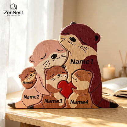 Cute Otter Family Wood Puzzle Ornament Red Heart Tabletop Decor Mother's Day Christmas Birthday Home Office Souvenir Gift