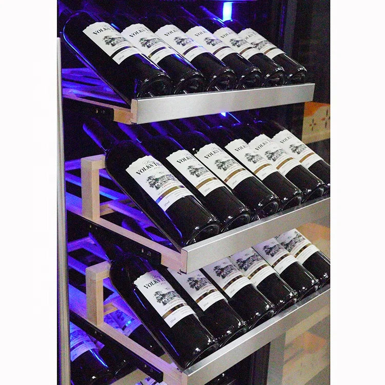 High-end Stainless Steel Wine Cooler Beech Wood Display Shelf Beverage Fridge for Vintage Wine Storage Home Bar Club Pro