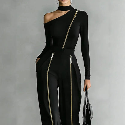 Women's Two-piece Slim-fit Long-sleeved Double-zipper Wide-leg Pant 2026 Spring Elegant Fashion Stand-up Collar Solid Color Suit