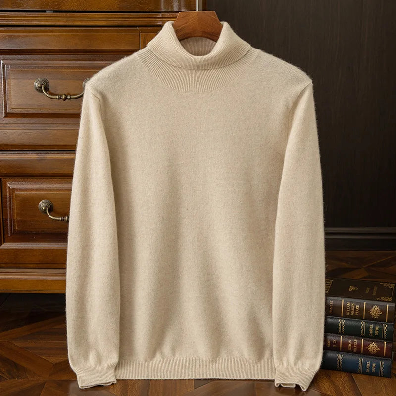 100% cashmere men's pullover business casual solid knitted sweater loose Pull Turtleneck Tops basic Turn down collar Jumper