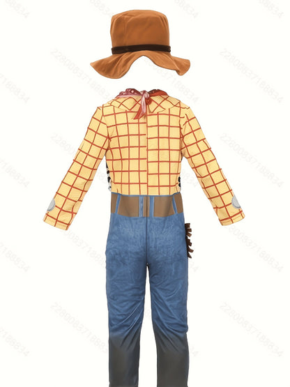 Boys western cowboy one-piece jumpsuit costume set matched with cowboy hat and red printed bandana, great for Halloween dress-up, carnival and themed party activities.
