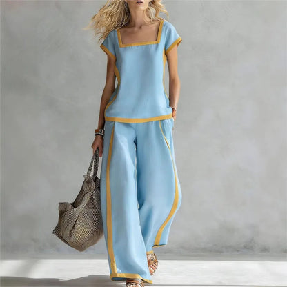 Fashion Square-neck Short-sleeved Wide-leg Trousers Women 2piece Summer New Casual Retro Pocket Trousers Female Office Suit 2026