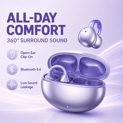Open Ear Clip Wireless Headphones Bluetooth 5.4 Earphones with Long Battery Life, Sports Gaming Stereo Touch Control LED Mics