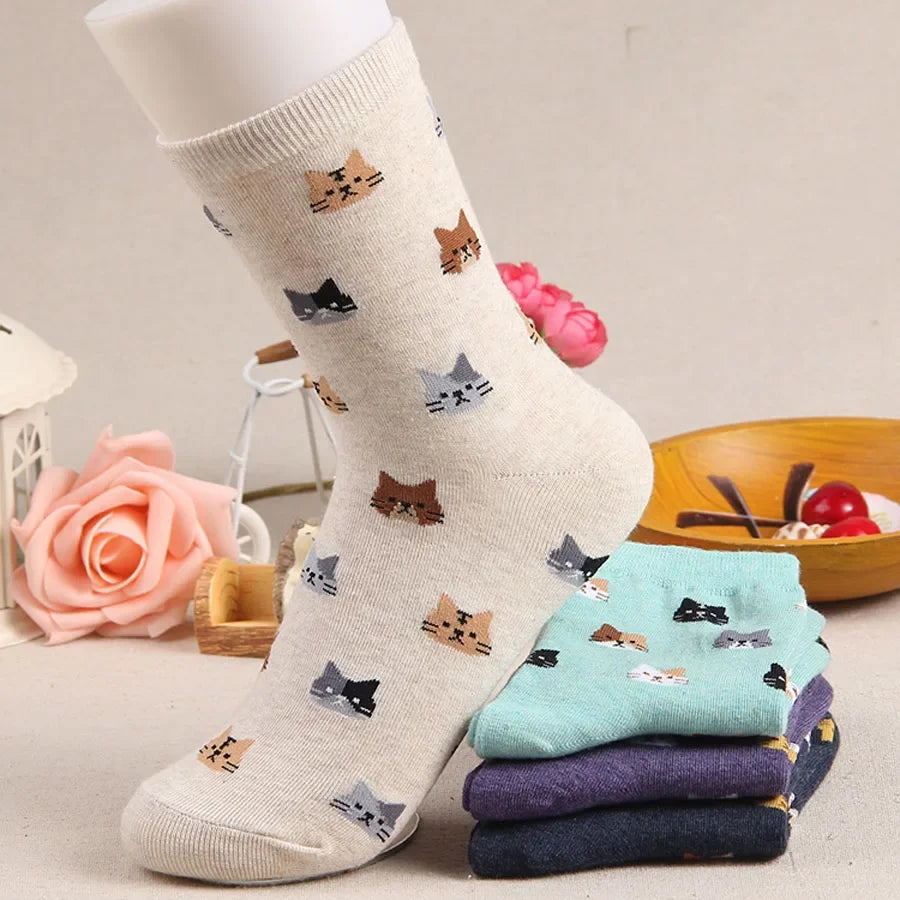 Cute Cartoon Cat Print Women Socks Sweet Cute Japanese Style Kawaii Long Socks Casual Harajuku Streetwear Cotton Soft Crew Socks