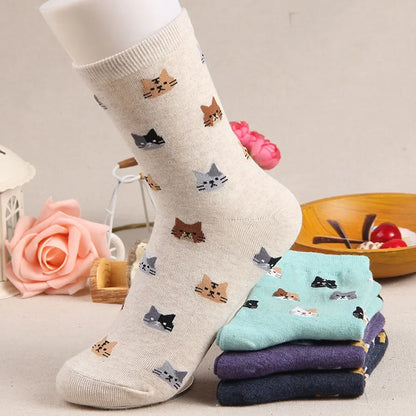 Cute Cartoon Cat Print Women Socks Sweet Cute Japanese Style Kawaii Long Socks Casual Harajuku Streetwear Cotton Soft Crew Socks