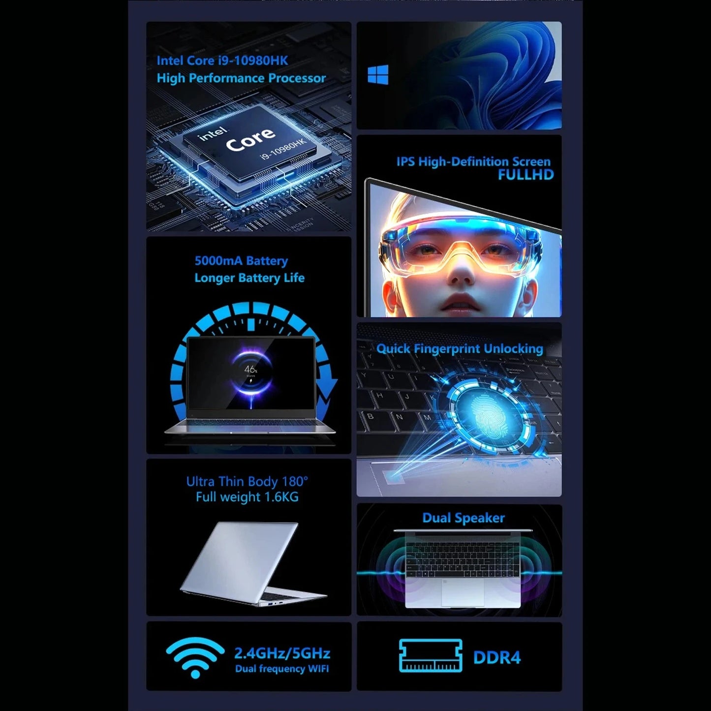 Intel i9 10980HK 15.6 Inch 4K Laptop 32GB DDR4 2TB SSD Fingerprint Unlock WiFi 6 Gaming Ultrabook Pro Max Speed