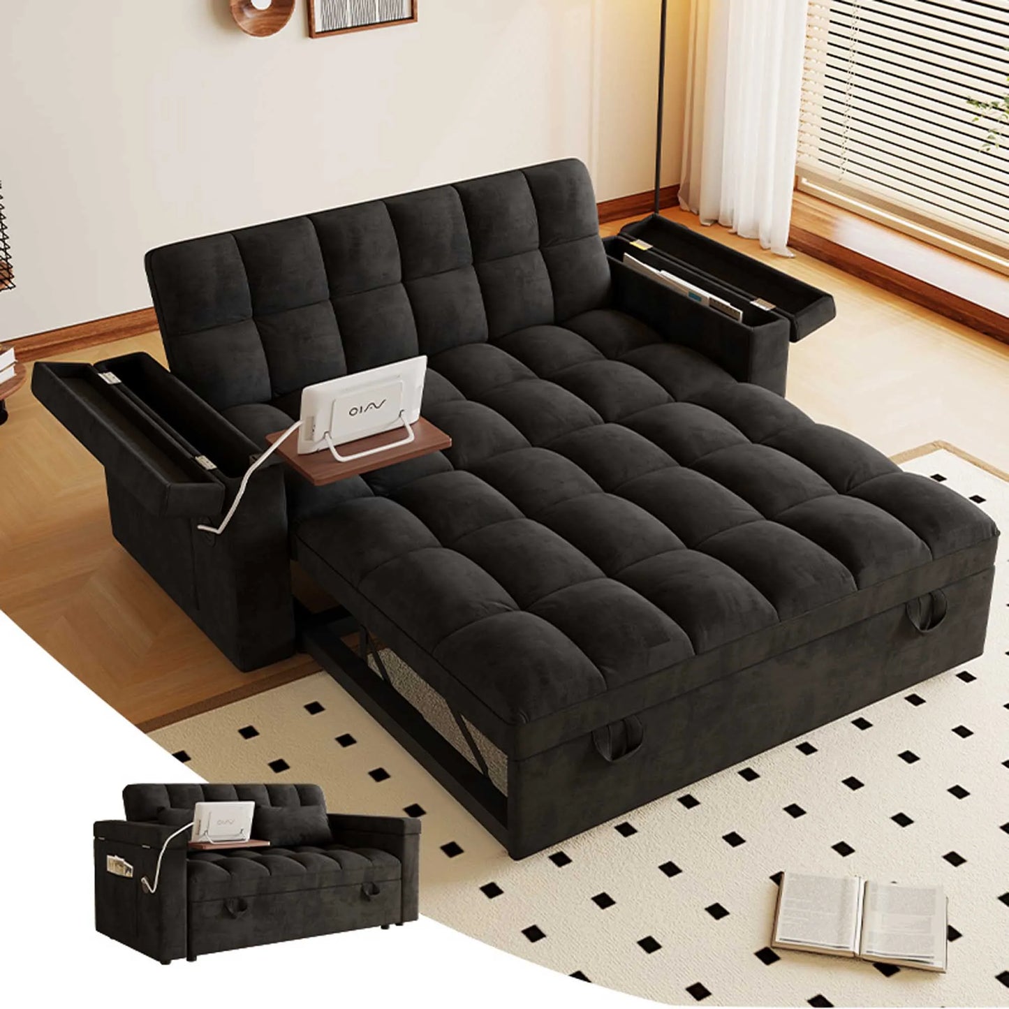 65" 3-in-1 Foldable Velvet Sofa Bed with USB Charging Port, Table Board and Storage Armrests, Adjustable Backrest Sleeper Couch for Living Room Apartment Guest Room, Black