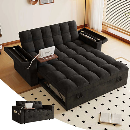 65" 3-in-1 Foldable Velvet Sofa Bed with USB Charging Port, Table Board and Storage Armrests, Adjustable Backrest Sleeper Couch for Living Room Apartment Guest Room, Black